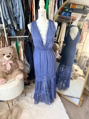 Chelsea & Violet Lace-Trim Maxi Dress in Dusty Blue